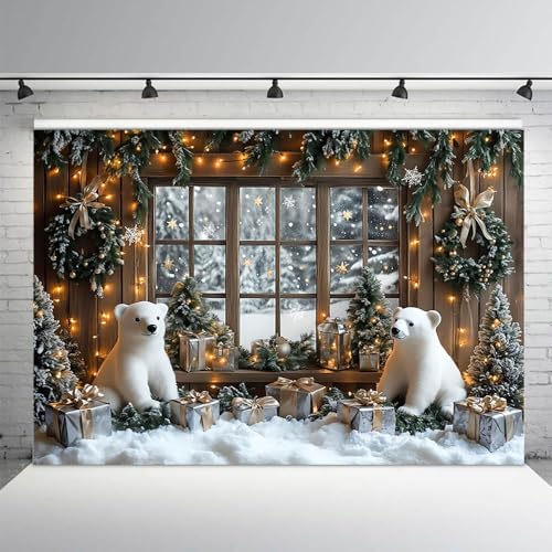 AIBIIN 7x5ft Winter Christmas Backdrop Window Snowy Xmas Pine Trees Forest View Photography Background Winter Christmas Cute Bear Gift Photo Backdrop - color: Bear, size: 7x5ft