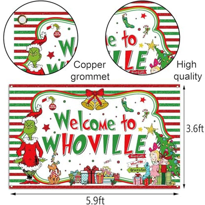 Sunwer Welcome Xmas Photo Booth Backdrop Green Christmas Winter Holiday Party Decorations Home Indoor Outdoor Wall Hanging Banner (White-A, 5.9×3.6ft) - size: 5.9×3.6ft
