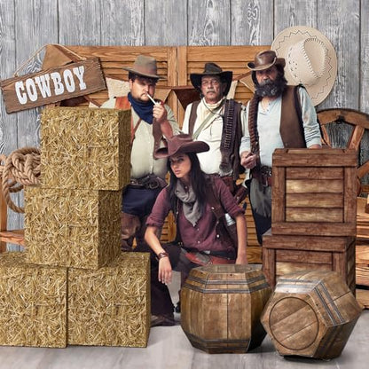 Threehoney 8 Pcs Western Cowboy Party Decorations 11.8 Inches Summer Halloween Hay Bales Boxes Decor Include Wood Grain Wine Barrel Boxes Hay Decoration for Pirate Farmhouse Western Themed Party