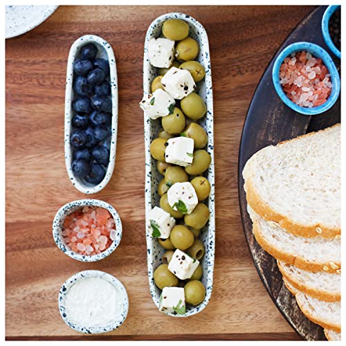 roro Ceramic Stoneware Hand-Molded Speckled Spotted Relish Plate (Olive Boat Tray Set of 2, White)