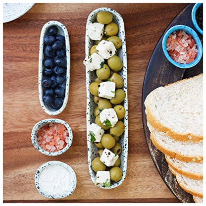 roro Ceramic Stoneware Hand-Molded Speckled Spotted Relish Plate (Olive Boat Tray Set of 2, White)