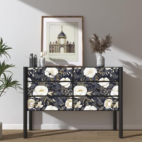 Vintage White Gold Floral Wallpaper Peel and Stick Dark Blue Leaf Contact Paper 17.5" x 393.7" Vinyl Waterproof Self Adhesive Boho Botanical Wall Mural for Cabinet Drawer Walls Room(Navy,White,Gold) - color: Blue&Golden, size: 17.5" x 393"