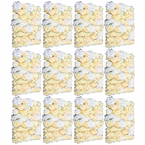 LOYALHEARTDY 12 Pack 24" x 16" Artificial Flower Wall Panels Hydrangea and Rose Flower Backdrop Panels Wedding Party Event Decoration (12 PCS, Yellow+White) - color: 12 Pcs, Yellow+white