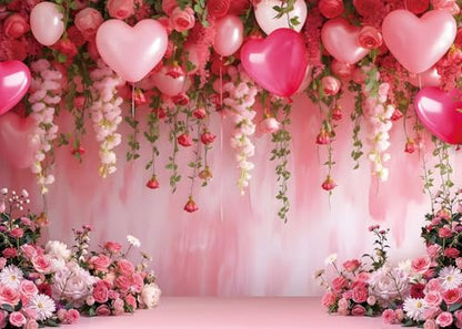 Flowers Wall Backdrop Pink Flowers Love Heart Balloons Romantic Photography Background Wedding Anniversary Birthday Valentines Party Decorations Banner Supplies (8x6FT) - size: 8x6FT