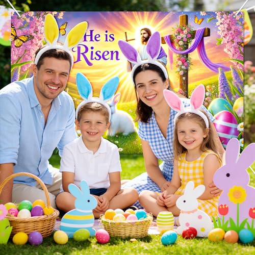 BlissYard Happy Easter Banner 71x43 Inch He is Risen Easter Backdrop Spring Christian Cross Lily Jesus Photography Background Religious Party Decorations Photo Banner Booth Studio Props - color: He is Risen Banner#1