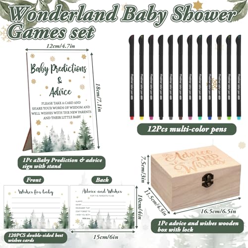 Thyle 134 Pcs Baby It's Cold Outside Shower Games Woodland Winter Baby Shower Games Prediction Advice Cards with 12 Color Pens Keepsake Box for Boys and Girls Winter Neutral Party(Green,Tree)