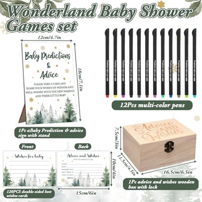Thyle 134 Pcs Baby It's Cold Outside Shower Games Woodland Winter Baby Shower Games Prediction Advice Cards with 12 Color Pens Keepsake Box for Boys and Girls Winter Neutral Party(Green,Tree)