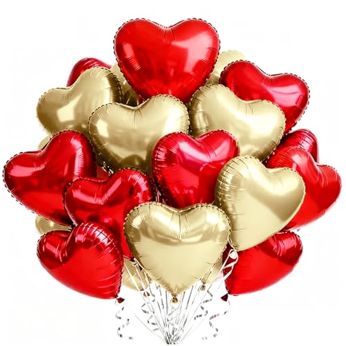 TONIFUL 30Pcs 18 Inch Champagne Gold Red Balloons Heart Shape Foil Mylar Banners Decoration for Birthday Valentine's Day Wedding Bridal Shower Anniversary Engagement Party Supplies - color: Gold Red