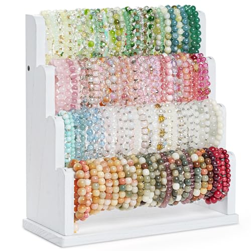 Emfogo Bracelet Holder, 4 Tier Bracelet Organizer Storage for Bracelets Bangles Watch Scrunchies, Rustic Wood Jewelry Organizer Display for Home, Vendors, Craft Shows and Store(White) - color: White