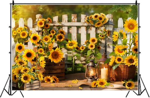 Rustic Sunflowers Backdrop Rustic Wooden Fence Sunflower Floral Photography Background for for Girls Woman Garden Party Banner Decoraitons Portrait Photo Booth Studio Props 7x5ft FU013DX - size: 7x5ft