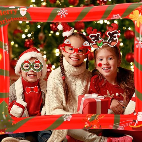 Christmas Photo Booth Props 53 PCS Set - Large Frame 30x25.6 in, Pose Sign Picture Props for Xmas Winter Holiday New Year Party Favors, Selfie Game Decor