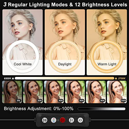 𝗡𝗲𝘄𝗲𝘀𝘁 13" Selfie Ring Light with 63" Stand and 3 Phone Holder, 53 Lighting Modes, iPad Holder, Remote, Desk Tripod, RGB Ringlight for iPhone. Vlogging Circle Led Halo Light Photo Video Kit - size: 13 inch - 53 Lighting Modes