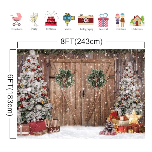 8x6FT Polyester Fabric Winter Christmas Rustic Barn Wood Door Photography Backdrop Xmas Tree Snow Background Banner for Family Holiday Party Decoration Supplies Photo Studio Props Pictures - size: 8'x6'
