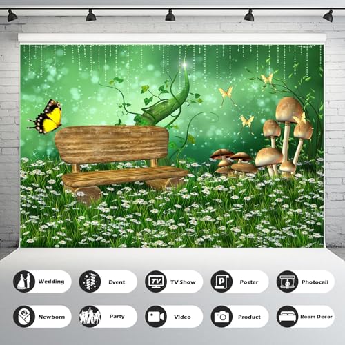 Wonderland Garden Backdrop Enchanted Fairy Green Meadow Scenery Photography Background Fantasy White Flowers Misty Foggy Evening Backdrop Spring Mushroom Butterfly Background Cake Table Props 5x3ft - color: Green White, size: 5x3ft