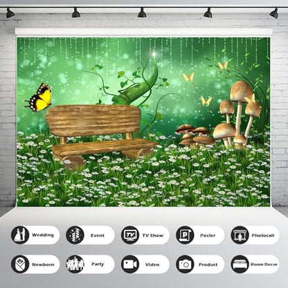 Wonderland Garden Backdrop Enchanted Fairy Green Meadow Scenery Photography Background Fantasy White Flowers Misty Foggy Evening Backdrop Spring Mushroom Butterfly Background Cake Table Props 5x3ft - color: Green White, size: 5x3ft