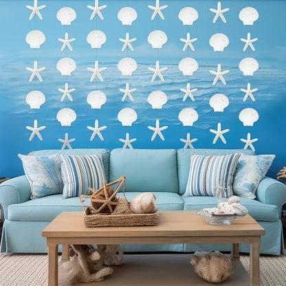 Xinnun Coastal Party Decorations White Finger Starfish and Seashell Garland Ocean Nautical Theme Cutouts Ribbon Streamers for Under The Sea Beach Mermaid Birthday Beach Wedding Decor - style: Shell
