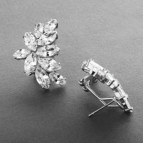 Mariell Clip-On Cubic Zirconia Crystal Bridal Earrings, Marquise Shape CZ Curved Clusters, Women Earrings for Wedding, Bridesmaids, Homecoming, Mother of the Bride - color: Silver