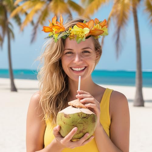 Hawaiian Leis Flower Crown, Yellow Tropical Flower Headband, Artificial Hawaii Floral Headpiece with Ribbon, Lei Hula Dress Up Accessory for Girls Women Summer Beach Pool Party Decorations - color: Yellow
