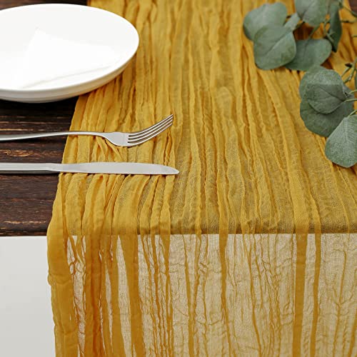 DOLOPL Mustard Yellow Cheesecloth Table Runner 13.3ft Boho Gauze Cheese Cloth Table Runner Rustic Sheer Runner 160inch Long for Wedding Bridal Baby Shower Birthday Party Cake Table Decorations - color: Mustard