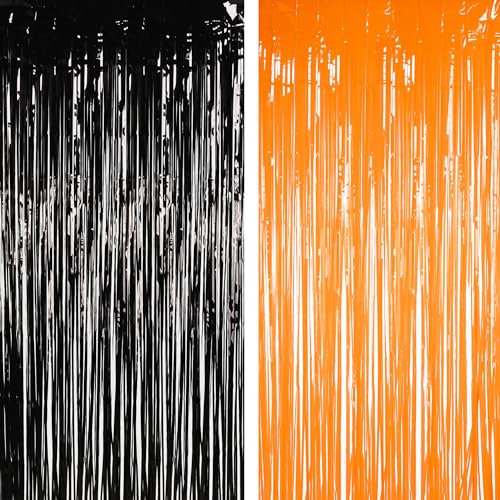 BRAVESHINE 1 Black 1 Orange Tinsel Photo Backdrop Curtains - 3.2x8.2ft Foil Fringe Streamer Curtain for Birthdays, Halloweens, Graduations, Pumpkin, Home, Indoor or Outdoor Party Supplies Decorations - color: 1 Black 1 Orange Foil Curtains