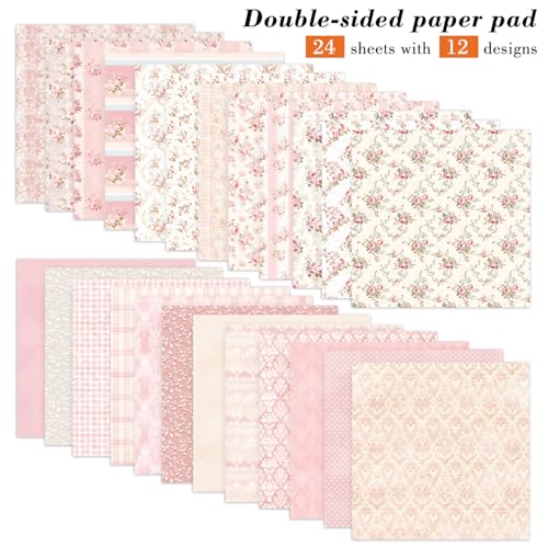 6 Inch Pink Flowers Scrapbooking Paper Pad - 24 Sheets Double Sided Aesthetic Patterns for Wedding Photos Album Journals Decorative Collage Origami DIY Crafts Gifts Wrapping Material - color: Elegant Pink