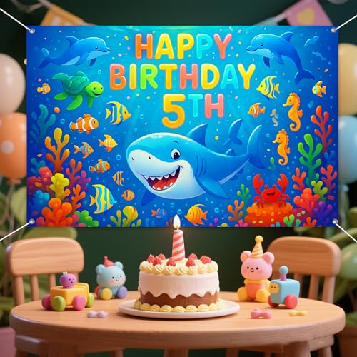 IVN Happy 5th Birthday Backdrop Banner 71x43 Inch Ocean Theme Shark Fifth Birthday Party Decorations Photography Background Photo Booth Props for Boys Girls - color: Happy Birthday 5th