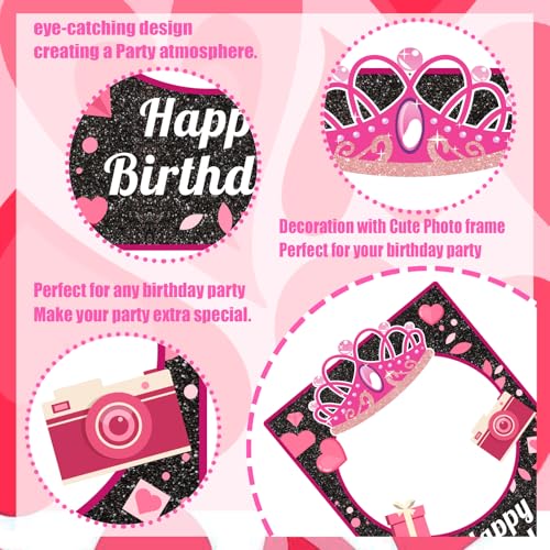 30 Pcs Pink Girls Birthday Photo Booth Props Kit - Hot Pink Princess Birthday Party Decoration Set with Real Glitter Cute Designs for Her, Funny Selfie Photo Booth Props for Kids Girls Any Bday Party