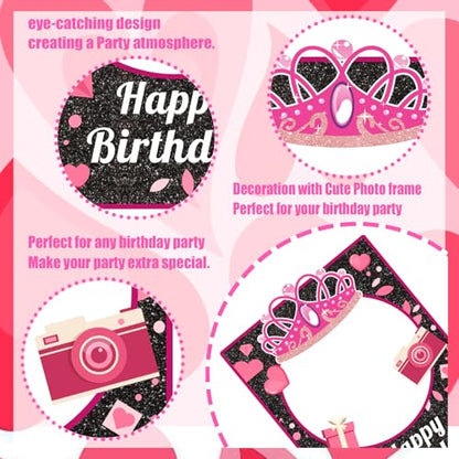 30 Pcs Pink Girls Birthday Photo Booth Props Kit - Hot Pink Princess Birthday Party Decoration Set with Real Glitter Cute Designs for Her, Funny Selfie Photo Booth Props for Kids Girls Any Bday Party