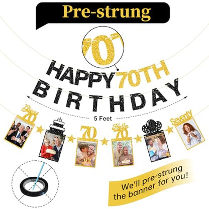 Guiruiy Black Gold 70th Birthday Decorations for Men Women, Pre-strung Glitter Happy 70th Birthday Hanging Photo Banner Party Supplies, Cheers to 70 Years Old Bday Banners - style: Black Gold 70th