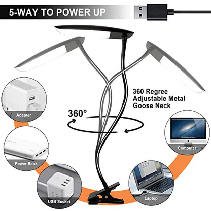 LiFMIRA Clip on Lamp USB Reading Light 3 Color Modes 3000-6000K and 10 Brightness 8W 40 LED Flexible Gooseneck Desk Light Clip on Lamp for Desk Eye Caring Bed Lamp for Headboard (No Plug) - color: Matt Black