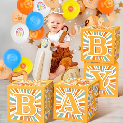 4PCS Boys Boho Baby Boxes Here Comes The Son Baby Shower Decor for Son Shower Decorations Birthday Party Supplies