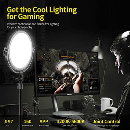 GVM Desk Mount LED Video Light, 10'' Round Key Light with Built-in Diffuser and LCD Display, Bi-Color Professional Light for Game/Studio/Streaming/YouTube Video Shooting, APP Control CRI 97+