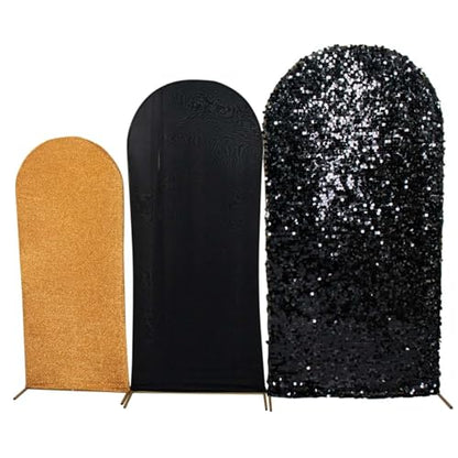 Efavormart Set of 3 Black Gold Chiara Arch Backdrop Covers (7ft/6ft/5ft), Round Top Snug Fit, Double-Sided Big Sequin, Tinsel & Spandex Mixed Texture for Anniversary, Gala, Events - color: Black/Gold