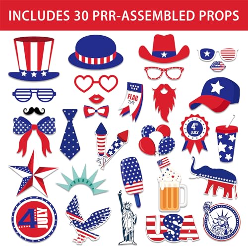 30 Pcs 4th of July Photo Booth Selfie Props Kit for Independence Day Party Game Decorations, American Patriotic Theme Labor Parade DIY Decors Supplies Flag Uncle Sam Hat Lip Style for People Photo