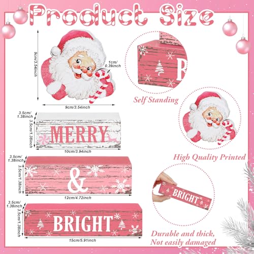 Geelin 4 Pcs Christmas Wooden Tabletop Decor Pink Winter Santa Tiered Tray Decor Christmas Centerpiece Rustic Decorative Block Signs Gift Farmhouse Table Decoration for Home Kitchen - style: Santa