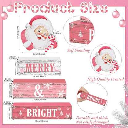 Geelin 4 Pcs Christmas Wooden Tabletop Decor Pink Winter Santa Tiered Tray Decor Christmas Centerpiece Rustic Decorative Block Signs Gift Farmhouse Table Decoration for Home Kitchen - style: Santa