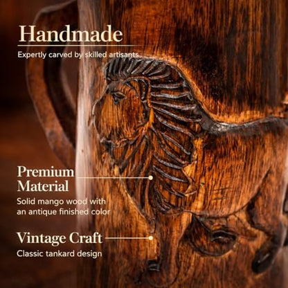 collectiblesBuy Hand-carved Antique Brown Lion Design Wooden Coffee Mug Rustic Tankard with Handle for Tea Wine Beer Ideal for Men Camping Travel Outdoor Use