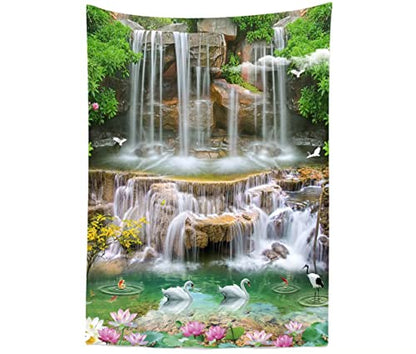 BELECO 5x7ft Fabric Forest Park Waterfall Backdrop Picturesque Swan Lake Lotus Pond Green Trees Scenery Photography Background Wallpaper Spring Summer Holiday Travel Portrait Photoshoot Props - size: 5x7FT