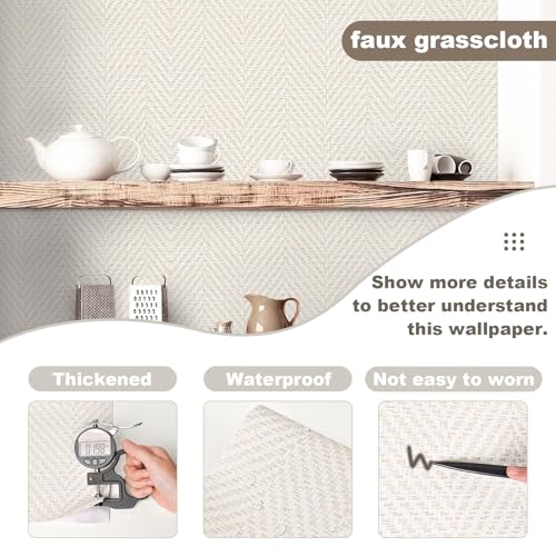 Rugreat Striped Grasscloth Wallpaper Peel and Stick 78.8inL 17.3inW Textured Grass Cloth Contact Paper for Cabinets Herringbone Fabric Wallpaper for Bedroom Beige Faux Linen Contact Paper Removable - size: 17.3" x 78.8"