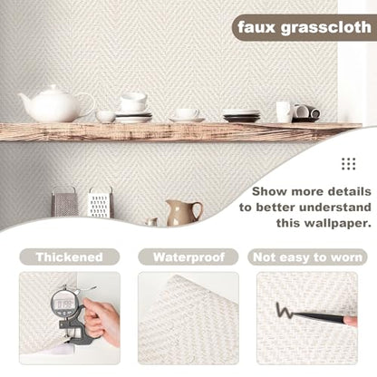 Rugreat Striped Grasscloth Wallpaper Peel and Stick Textured Grass Cloth Contact Paper for Cabinets Herringbone Fabric Wallpaper for Bedroom Beige Faux Linen Contact Paper Removable 197inL 17.3inW - size: 17.3" x 197"