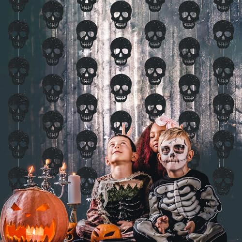 Xinnun Skull Party Decorations Black Skeleton Hanging Banners Garland Gothic Theme Banner Cutouts Ribbon Streamers for Halloween Spooky Funny Funeral Birthday Party Decor Supplies(Skull) - style: Skull