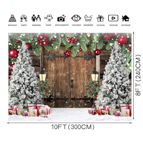 8x10ft Christmas Backdrop Snowy Wooden Door Background Pine Garland Christmas Trees Gifts Lanterns Red Gold Ornament Winter Photography Backdrop Xmas Party Banner Home Wall Decoration 114 - size: 10 x 8ft