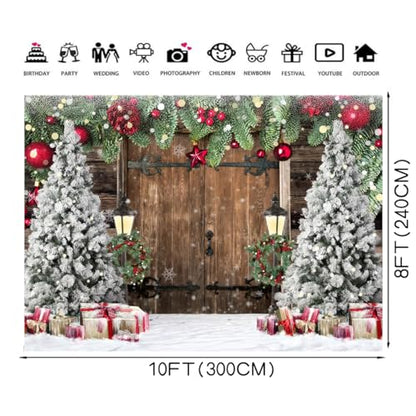 8x10ft Christmas Backdrop Snowy Wooden Door Background Pine Garland Christmas Trees Gifts Lanterns Red Gold Ornament Winter Photography Backdrop Xmas Party Banner Home Wall Decoration 114 - size: 10 x 8ft