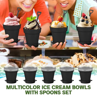 Honeydak 25 Pack Flowerpot Dessert Cup Plastic Cake Cups with Lid Shovel Spoon Mini Flower Pot Dessert Cups Ice Cream Yogurt Cupcake Holder Containers for Birthday Party Supplies DIY Baking (Black) - color: Black