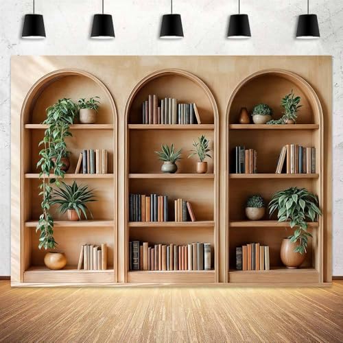 5 x 3 ft Arched Bookshelf Backdrop Modern Library Books Office Plants Video Conference Photography Home Office Meetings Indoor Decorations Photo Banner Props - color: Brown2, size: 5X3FT