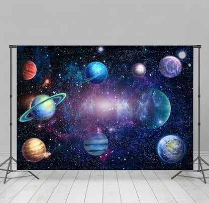 Algasan Outer Space Backdrop Galaxy Planet Party Backdrops Starry Theme Banner for Kids Boys Girls Birthday Party Photography Background Photo Studio Props Cake Table Decor 90.6x70.9'' - size: 90.6x70.9''