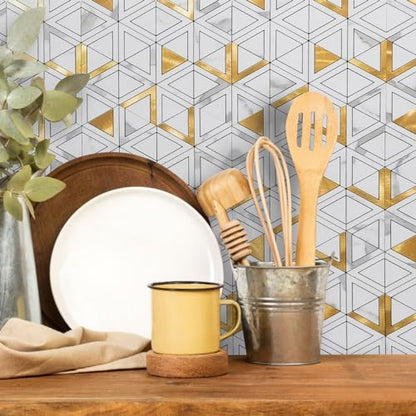 DICOFUN 10-Sheet White Marble Look Triangle Mosaic Tiles Peel and Stick Backsplash for Kitchen, PVC Mixed Metal Gold Chevron Stick on Backsplash Wall Tiles - color: White Marble and Metal Gold, size: 10 Sheets, 12"x12"x0.12"