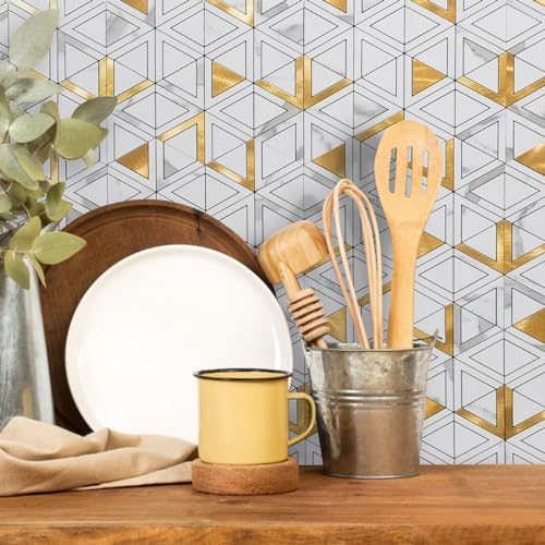 DICOFUN 10-Sheet White Marble Look Triangle Mosaic Tiles Peel and Stick Backsplash for Kitchen, PVC Mixed Metal Gold Chevron Stick on Backsplash Wall Tiles - color: White Marble and Metal Gold, size: 10 Sheets, 12"x12"x0.12"