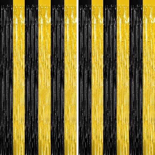 2 Pack Graduation Backdrop, 3.28 FT x 7.05 FT Black and Gold Foil Fringe Curtains, Metallic Foil Curtain Graduation Backdrop, Grad Party Supplies Black and Gold Party Decorations Class of 2026 - color: Black Gold, size: 2 PCS