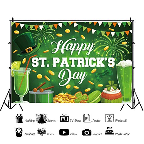 7x5ft Polyester Happy St.Patrick's Day Backdrop Cartoon Green Four-Leaf Clover Green Hat Pot of Gold Photography Background Lucky Irish Shamrock for Children Baby Adults Portraits Photo Studio - color: Green 39852